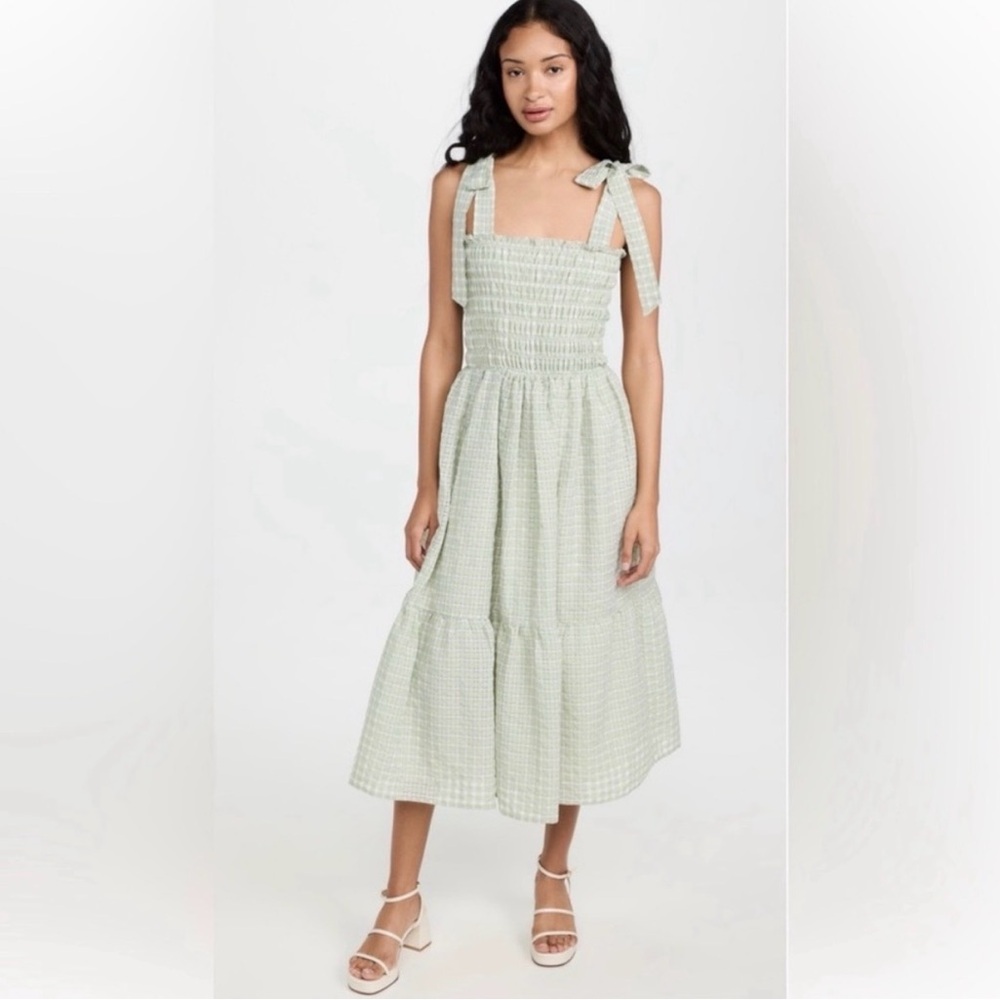 En Saison Sage Green Gingham Smocked Tie-Shoulder Midi Dress